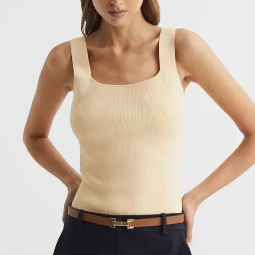 REISS Tamara Square Neck Ribbed Tank Large Yellow Lemon Minimalist Quiet Luxury